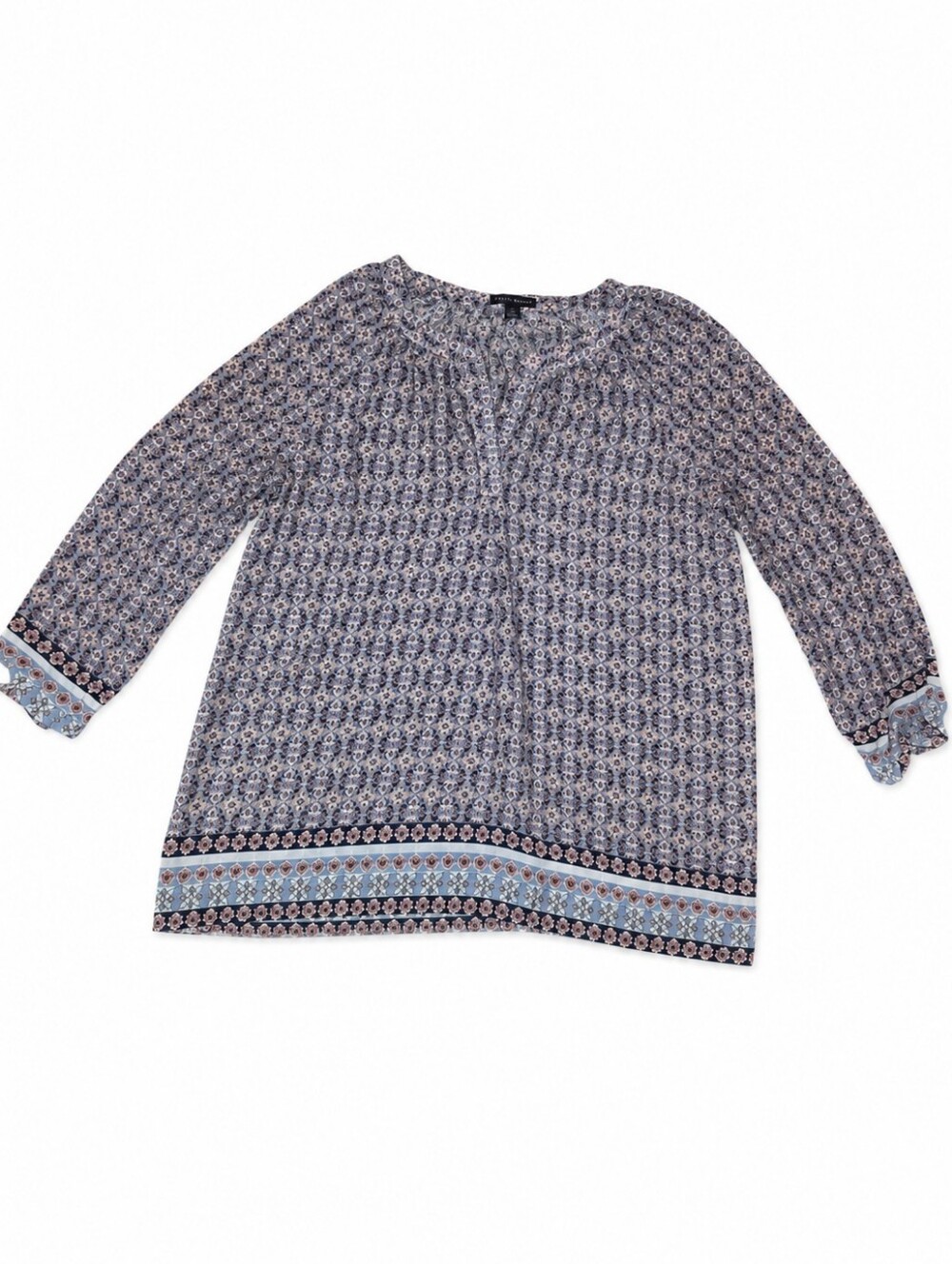 Willi Smith Navy and Cream Printed Long-Sleeve Blouse